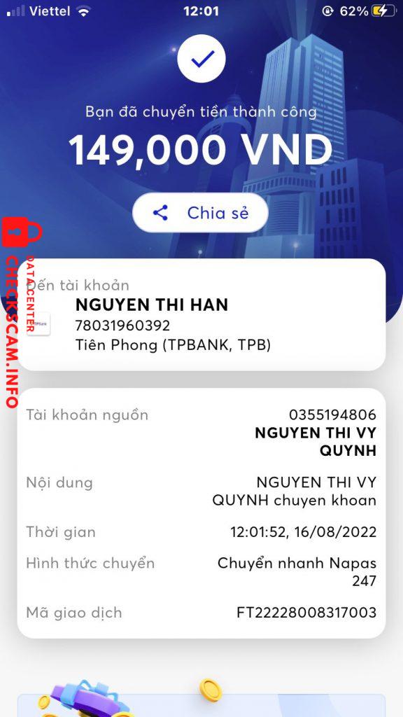 Evidência contra Nguyễn Thị Hân