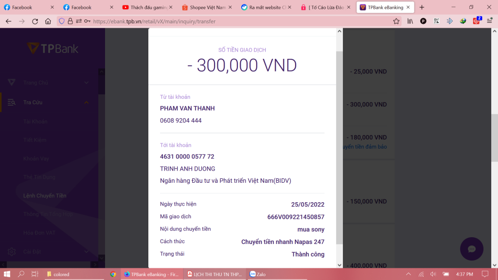 Bằng chứng chống lại TRINH ANH DUONG