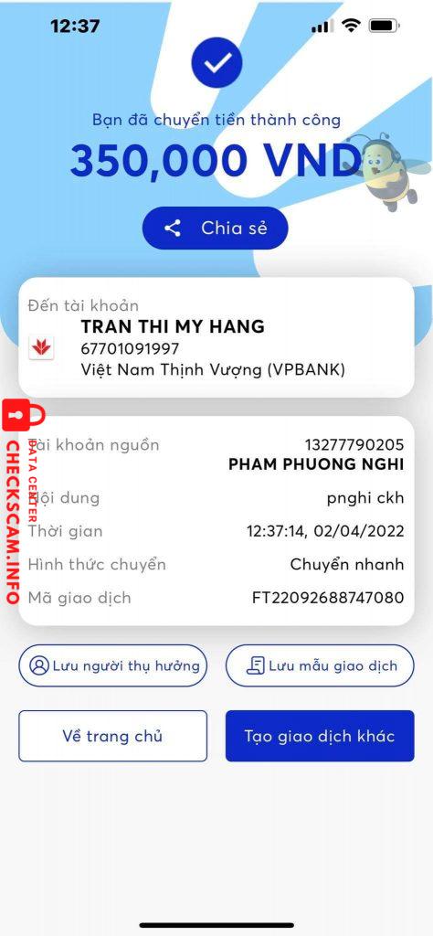 Preuves contre TRẦN THỊ MỸ HẰNG
