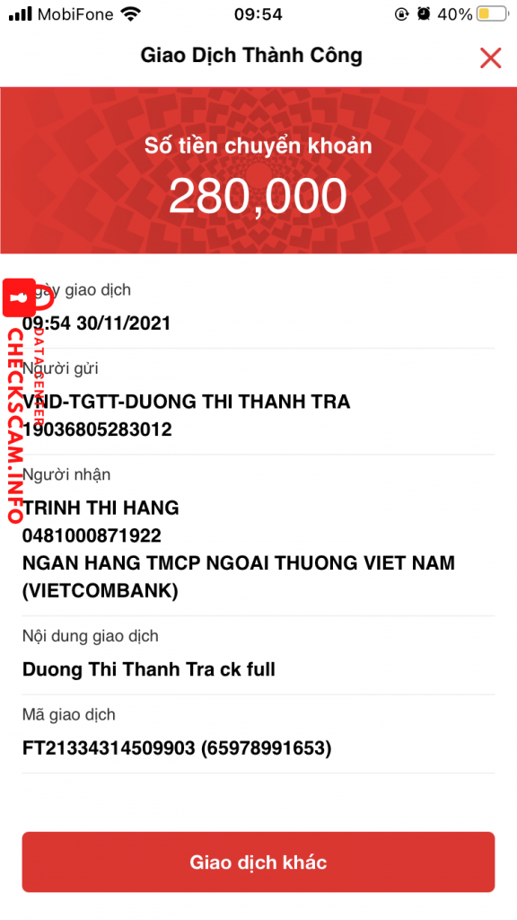 Evidence against Trịnh Thị Hằng