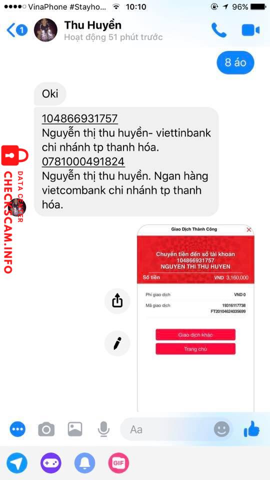 Evidência contra Nguyễn Thị Thu Huyền