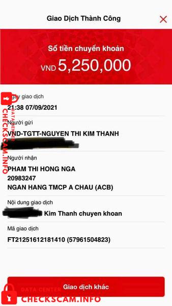 Evidência contra Phạm Thị Hồng Nga