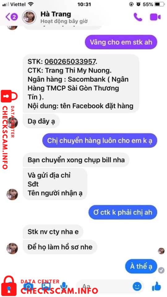 Evidência contra Trang Thi My Nuong