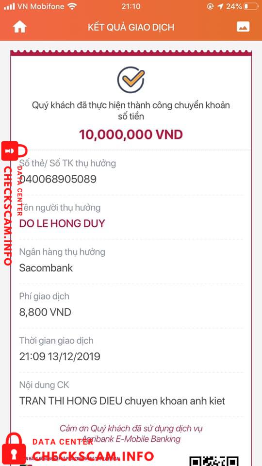 Evidência contra Đỗ Lê Hồng Duy