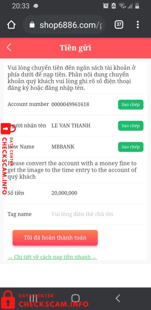 Evidence against Shop6886.com Lê Văn Thanh lừa đảo