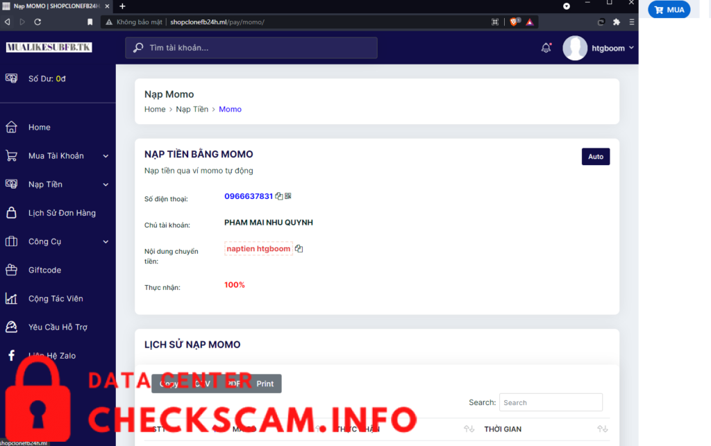 หลักฐานที่เป็นโทษต่อ Shopclonefb24h.ml web lừa đảo