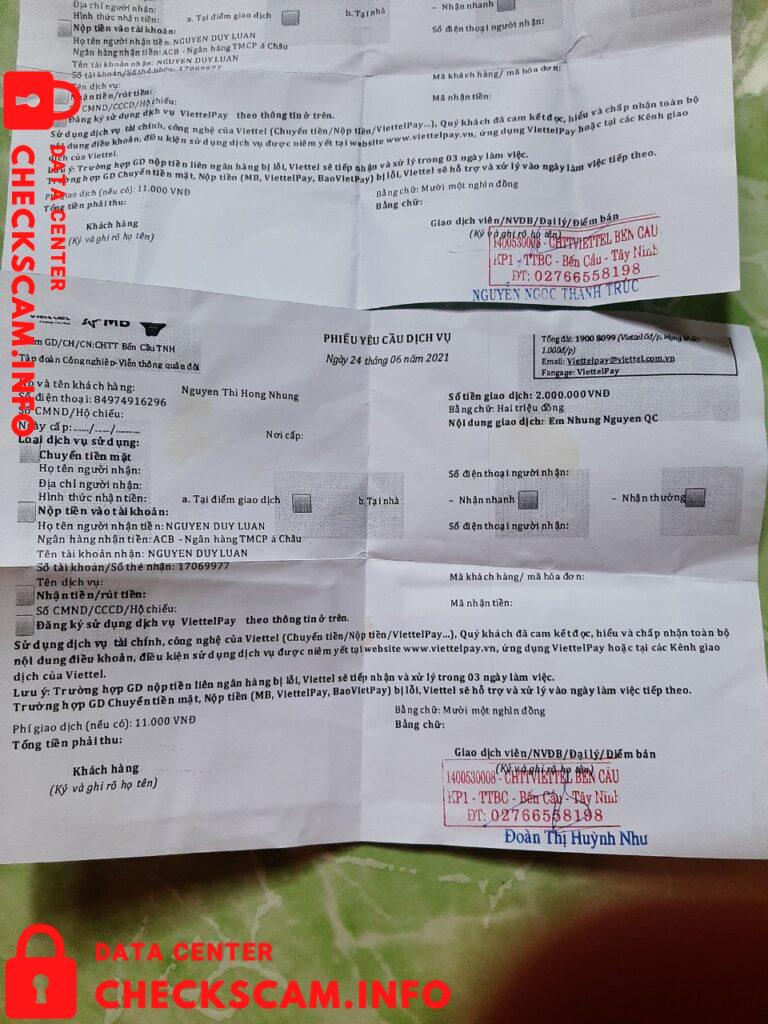 Evidência contra Nguyễn Duy Luân