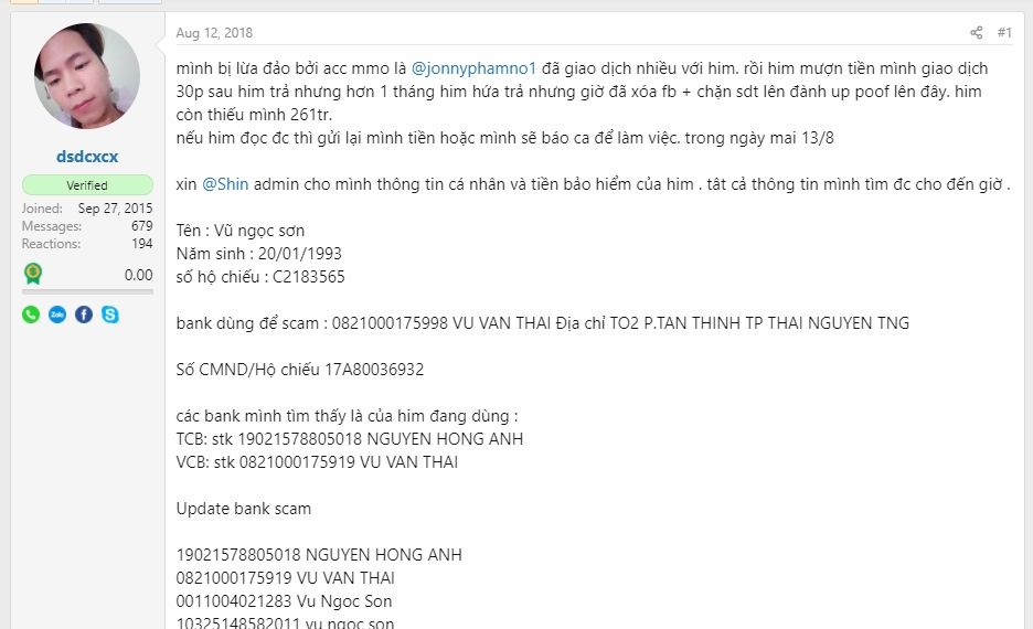 Evidencia contra Vũ Ngọc Sơn